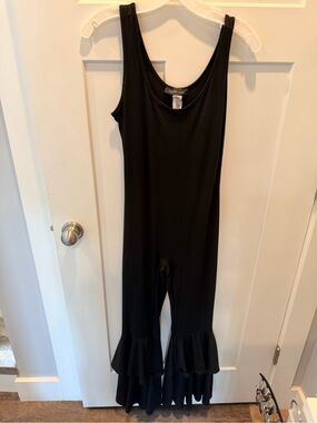 Touch Me Black Ruffle Hem Jumpsuit Large Sleeveless Wide Leg Made USA